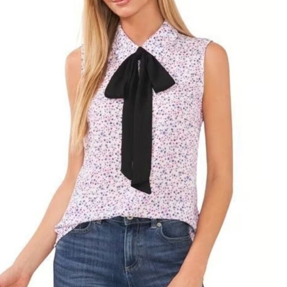 CeCe Ivory Floral Bow Sleeveless Blouse Size L NWT CeCe Top